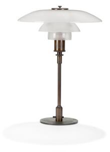 Poul Henningsen PH-43. Bordlampe med stel, fatningshus mrk. PH-Patented og gennemgående afbryder af bruneret messing, monteret med skærme af matglas.